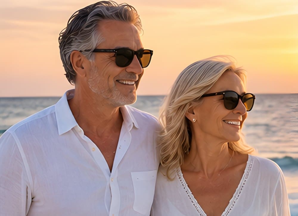Couple wearing sunglasses on the beach at sunset