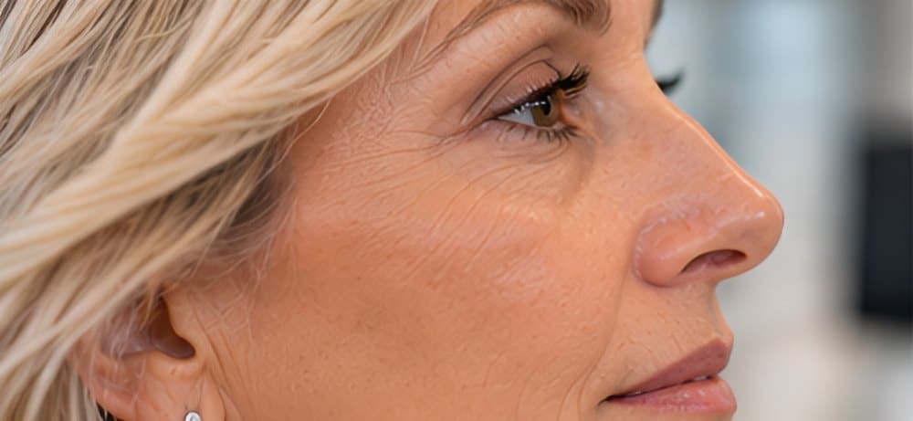 Side profile of a woman's eye and eyelid