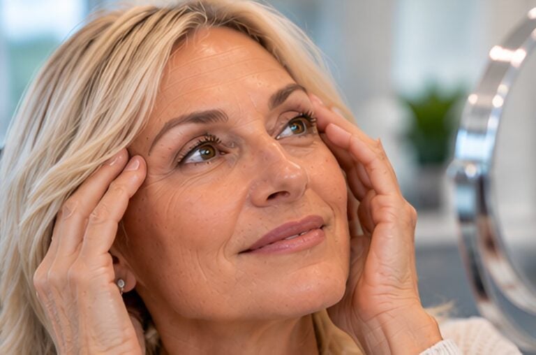 Woman gently lifting the skin at her temples to check her eyelids