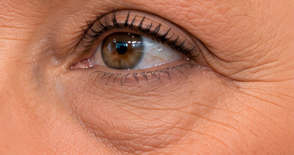 Close-up of an eye with under-eye bags and lower eyelid wrinkles