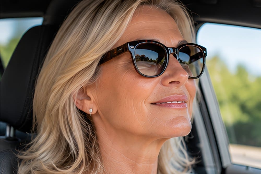 Woman wearing sunglasses while driving on a sunny day