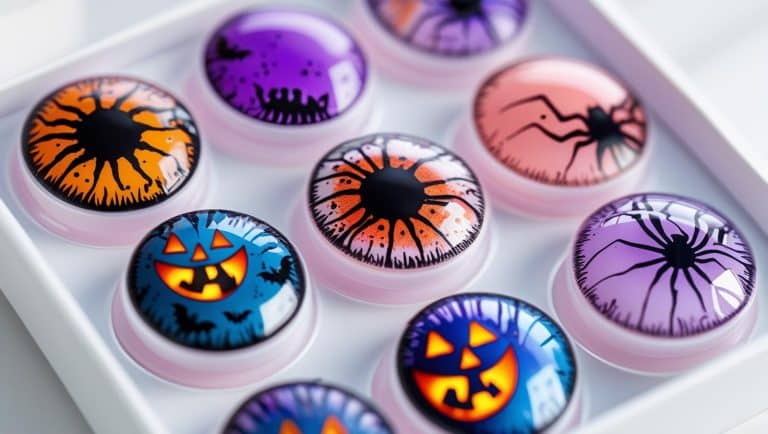 Close-up of decorative Halloween contact lenses with spooky designs like pumpkins, spiders, and bloodshot effects, highlighting the risks of unregulated lenses