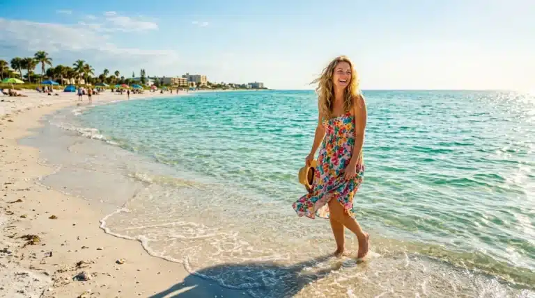 Woman walking on a sunny Tampa Bay beach