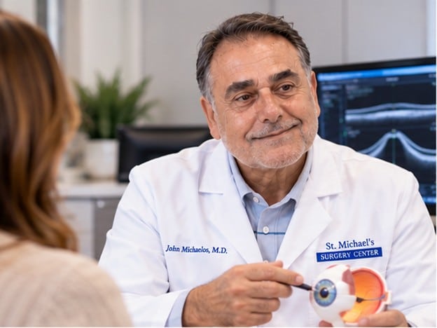 Dr. John Michaelos walking a patient through an eye model during a consultation