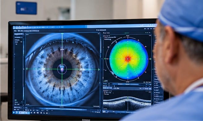 Iris tracking and corneal topography scans on a monitor before LASIK
