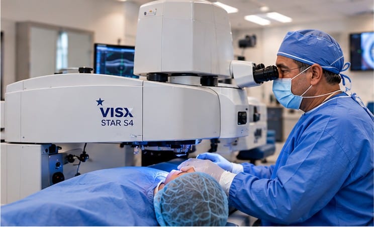 Surgeon performing LASIK at the excimer laser with a patient reclined