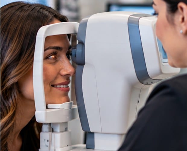 Patient having her eye pressure checked for glaucoma