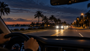 Night driving glare from oncoming headlights and streetlights, seen through a car windshield on a Florida road at dusk